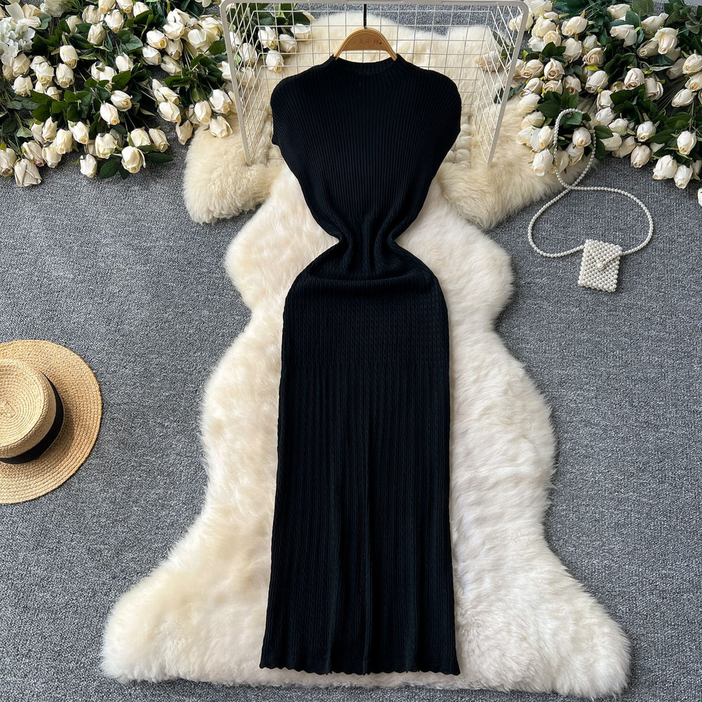 Elegant women's dress  new arrival: high-end round neck short sleeve bodycon knit dress with elastic waist and hip-hugging design