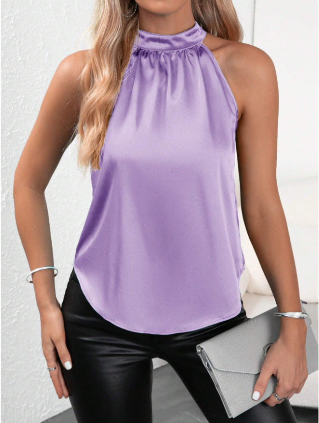Amazon  european and american cross-border e-commerce summer new satin tank top women's solid color off-shoulder halter sleeveless top