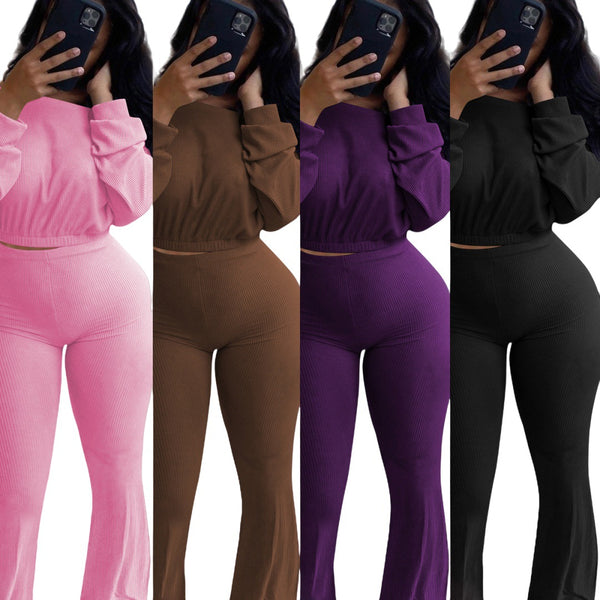 YD8822 European and American women's clothing, 's new models, fashionable and elegant threaded bell pants two-piece set,  women's clothing