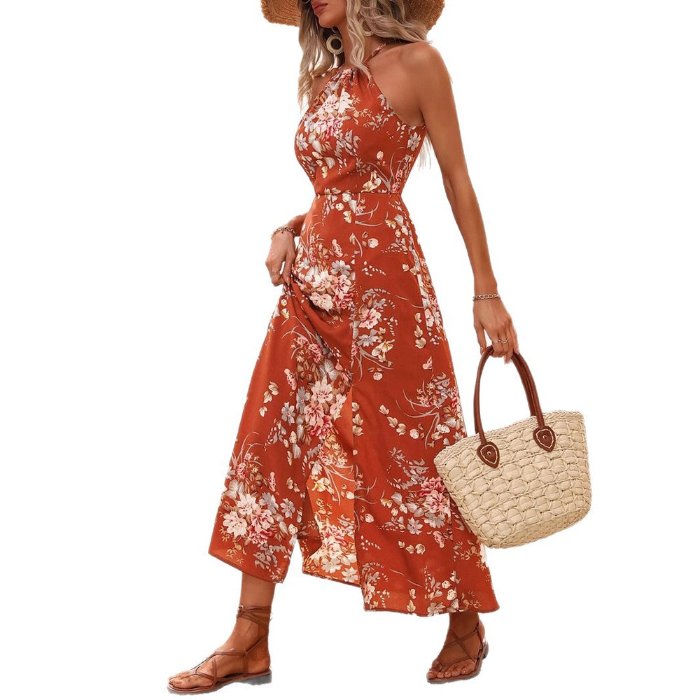 Amazon women's clothing japan summer new high-waisted printed dress vacation style slit halter maxi dress