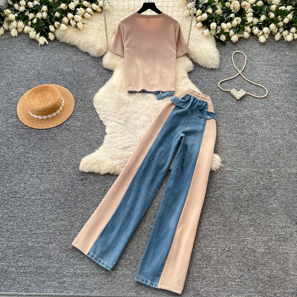 Hong kong style retropatchwork denim casualtwo-piece set for women summerslimming lookhigh waistwork clothing lazy stylesuit