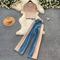 Hong kong style retropatchwork denim casualtwo-piece set for women summerslimming lookhigh waistwork clothing lazy stylesuit