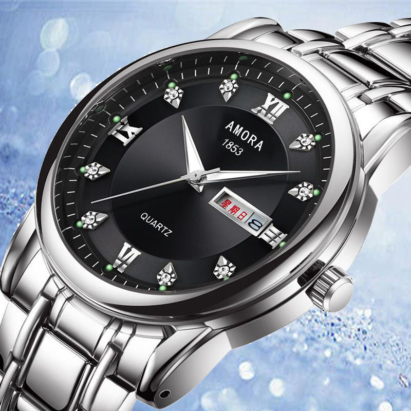 Xiangshiman fully automatic movement non-mechanical men watch double calendar luminous waterproof business steel wrist quartz watch