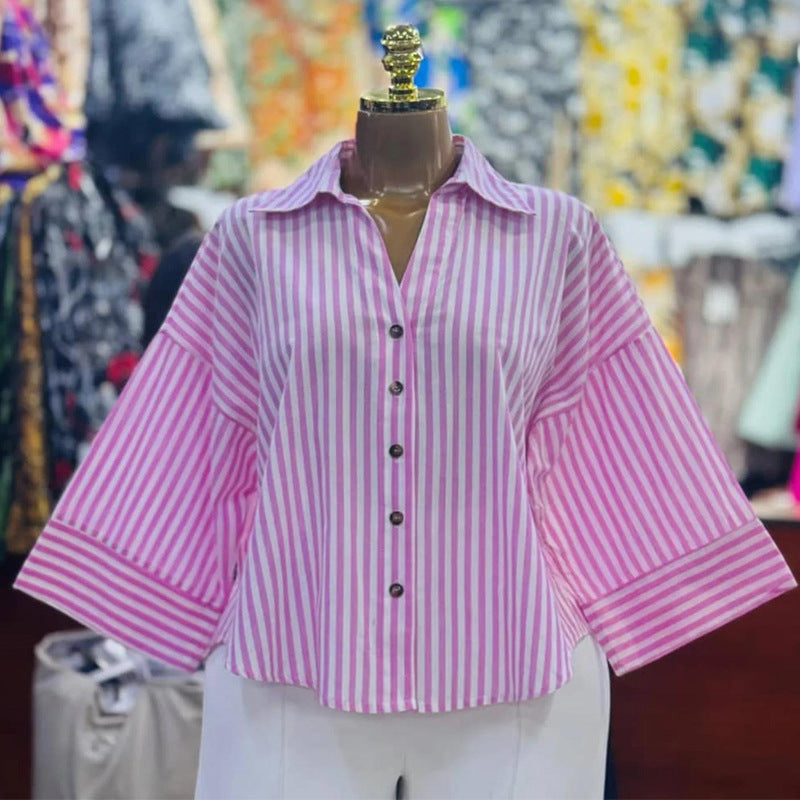 European and american cross-border women's fashion:  spring new arrivals - stylish, designer-inspired, unique turn-down collar, loose-fit striped blouse