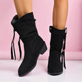 Fashion cross-border wholesale thick heel tassel boots women's fall and winter style retro short boots pleated pile boots medium cowboy boots