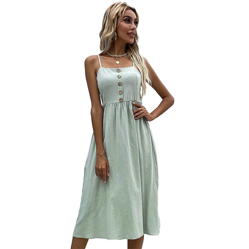 Spot   independent station women's clothing summer new European and American suspender skirt slim-fitting solid color cotton and linen dress