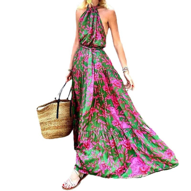 summer new european and american fashion women's halter neck sexy dress - backless printed sexy maxi dress