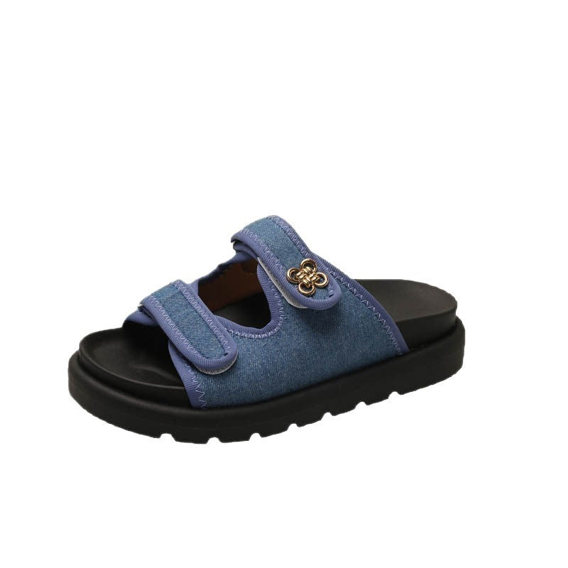 Plus size chunky platform sandals women's  summer denim outerwear velcro print beach flip-flops export