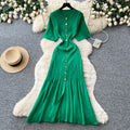 Korean style commute hollow-out green a-line dress - women's summer short sleeve high-waisted button-down elegant knit dress