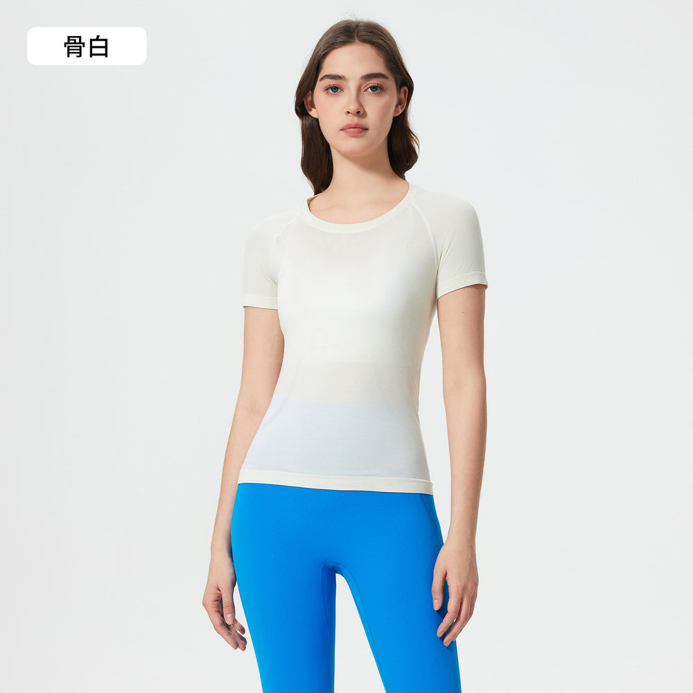 Summer seamless one-piece knit crew neck yoga top - slim fit, quick-dry, breathable running & workout short sleeve tee for women - d25073