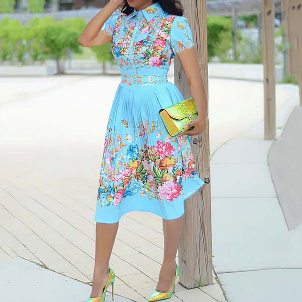 women's summer new pleated skirt 2024 European and American  waist printing short-sleeved shirt collar dress