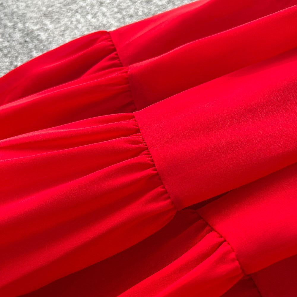 French riviera style red ruffle flare sleeve v-neck blouse and high-waisted midi skirt two-piece set - women's autumn chic