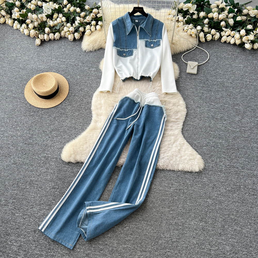 Stylish women's fall/winter outfit: premium patchwork long-sleeve denim top & high-waisted, slimming wide-leg straight-leg pants two-piece set