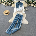 Stylish women's fall/winter outfit: premium patchwork long-sleeve denim top & high-waisted, slimming wide-leg straight-leg pants two-piece set