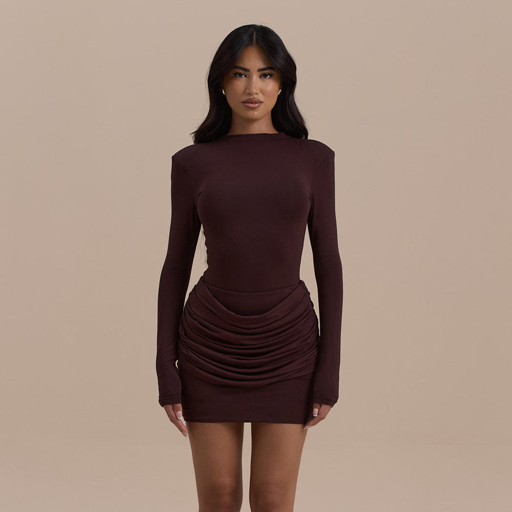 autumn new arrivals: sexy bodycon mini dress - european & american style, solid color, round neck, pleated detail, slim fit, hot girl vibe