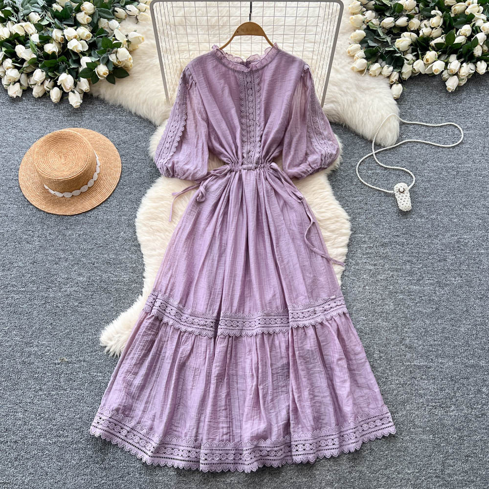 French chic lace-trimmed lantern sleeve dress - slimming, elegant, and flowy maxi dress with tie waist
