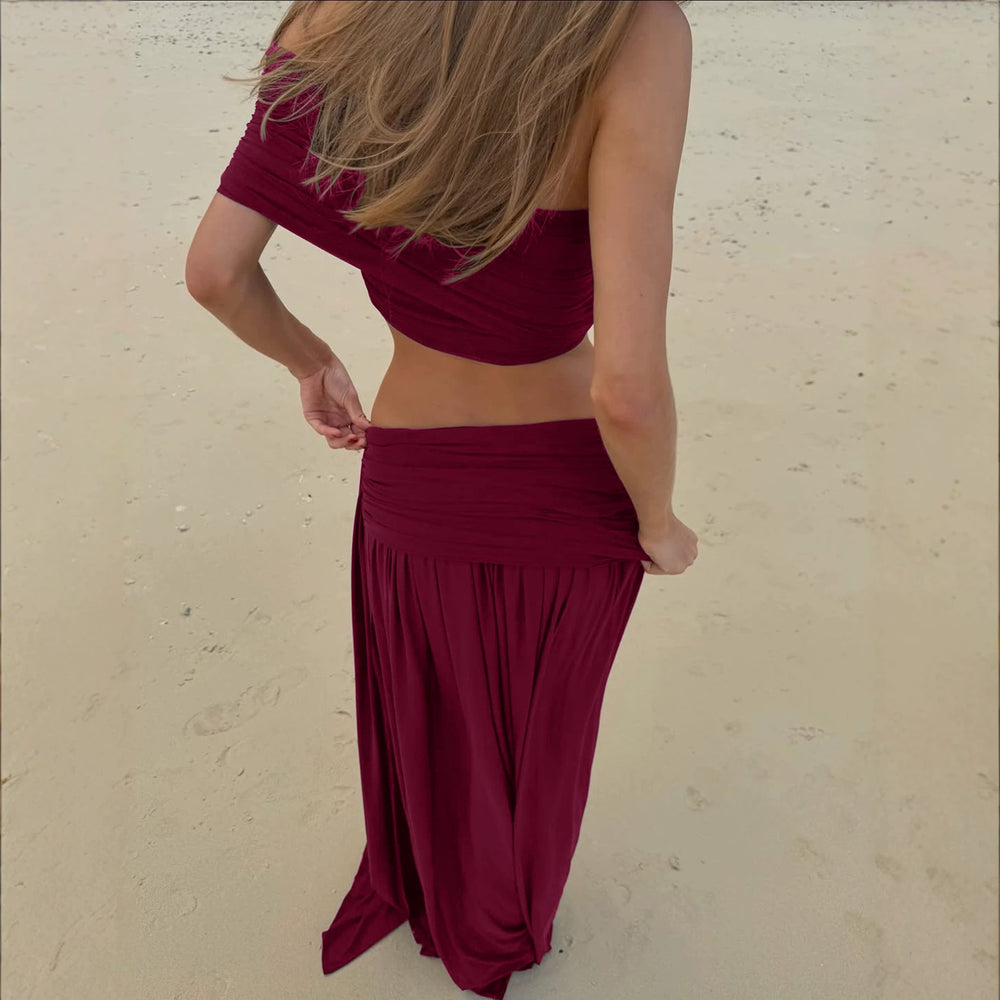 European and american women's clothing  summer new collection: solid color bandeau top, slim-fit strappy sexy ruched midi skirt set