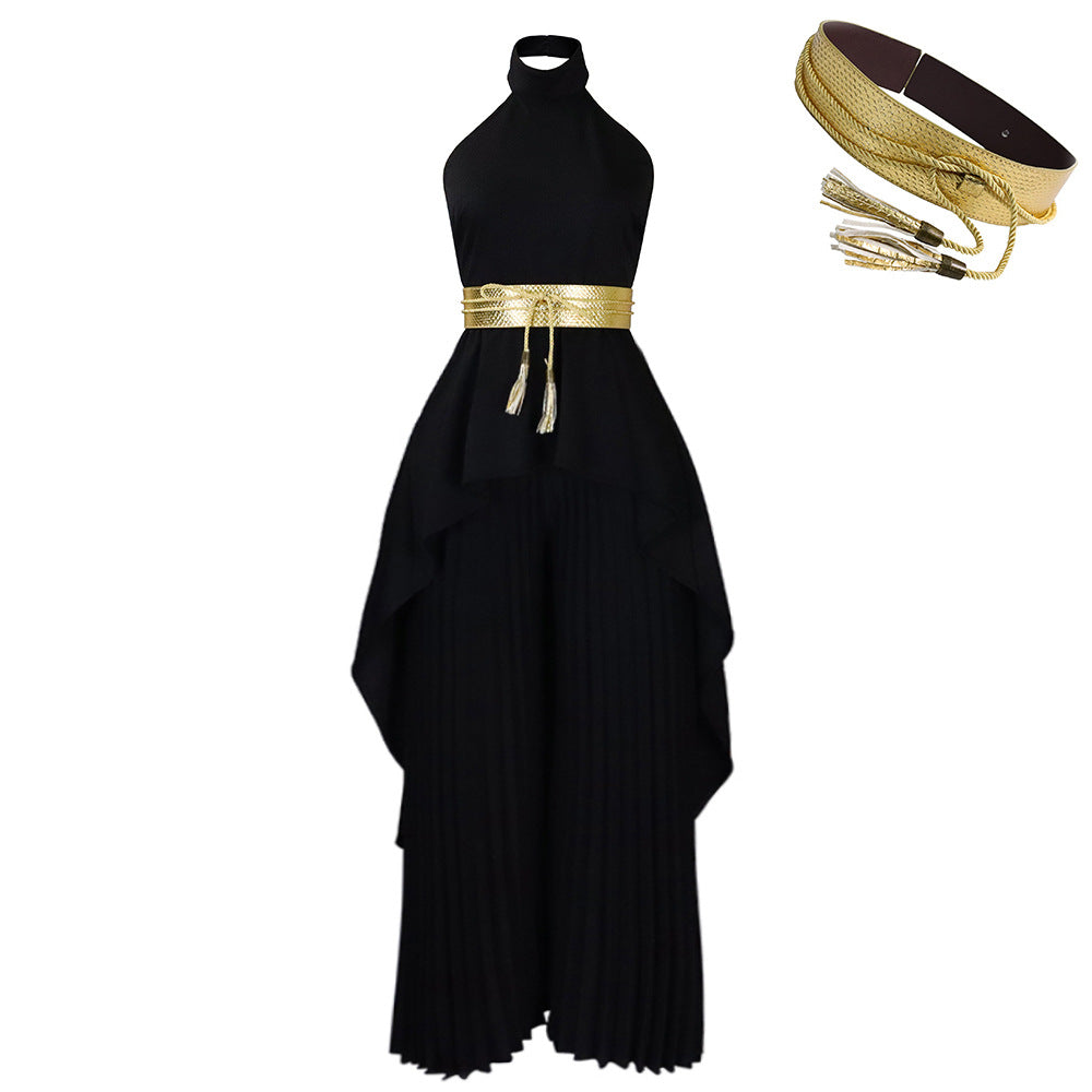 C8534p with belt cross-border summer fashion two-piece sleeveless backless asymmetrical long skirt wide-leg pants european and american suit