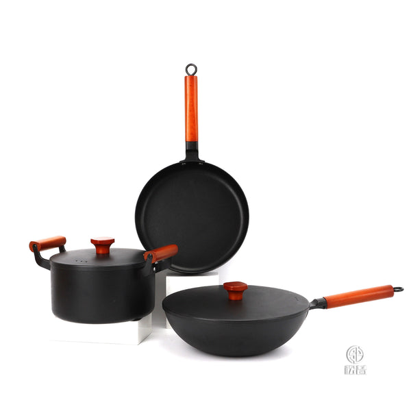 Three-piece pan old iron pan Chinese handmade cast iron set wok soup pan frying pan induction cooker high-quality pots and pans