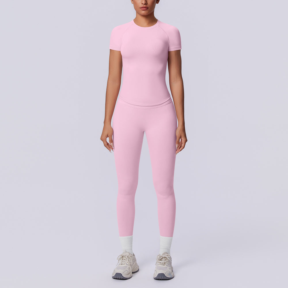 Seamless cross-border yoga set: shaping short-sleeve top & high-waisted butt-lifting leggings - perfect for running and fitness
