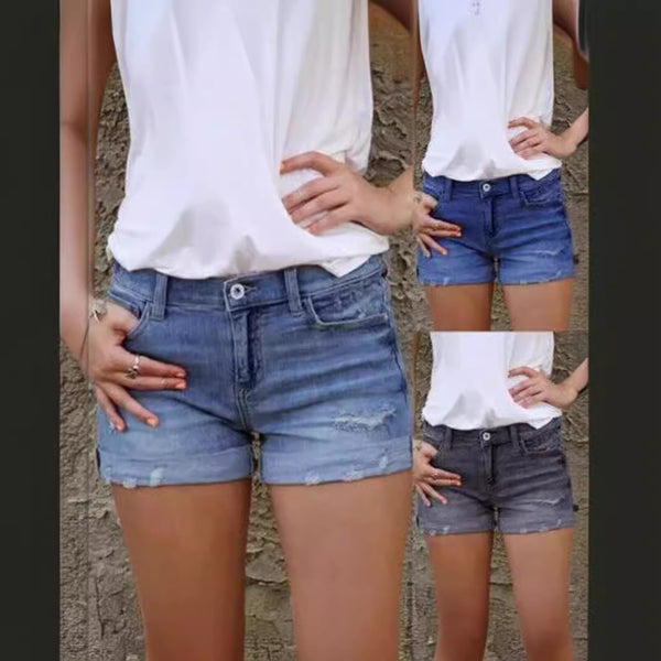 independent station popular European and American  elastic slim hole fringed denim shorts women