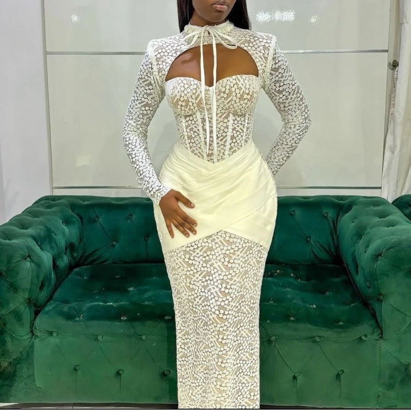 European and American new semi-turtleneck lace-up splicing low-cut sexy hip-wrapped long-sleeved dress evening dress