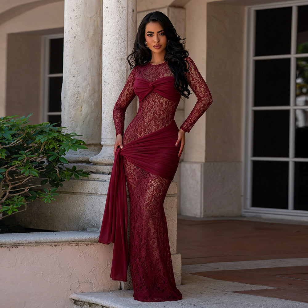 C7688 cross-border   fashion women's sexy round neck lace slim fit long sleeve dress