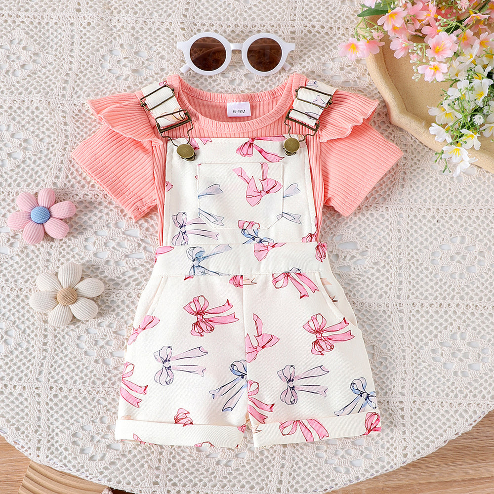 Amazon spring new girls' baby outfit set: solid color short-sleeve top with printed overalls two-piece set
