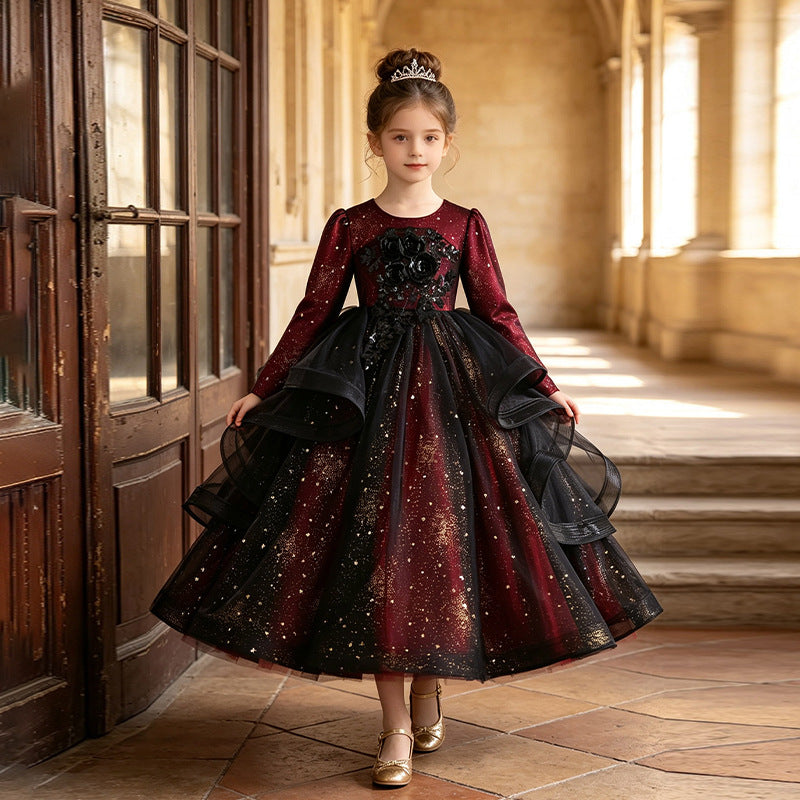Girls' long-sleeve dark academia tulle dresses - wholesale for cross-border e-commerce, perfect for flower girls, weddings, and piano recitals - in stock & ready to ship ( compatible)