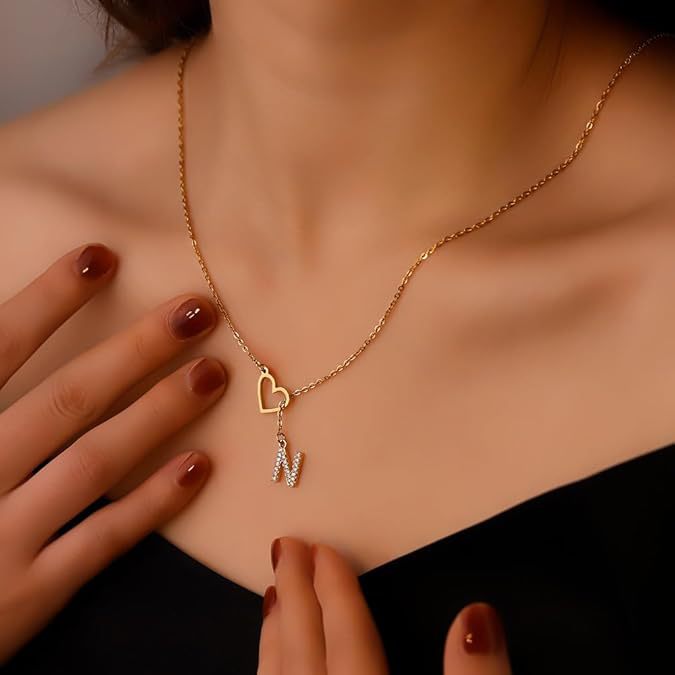 New korean style women's initial heart necklace, exquisite cubic zirconia 26 letter sliding versatile necklace