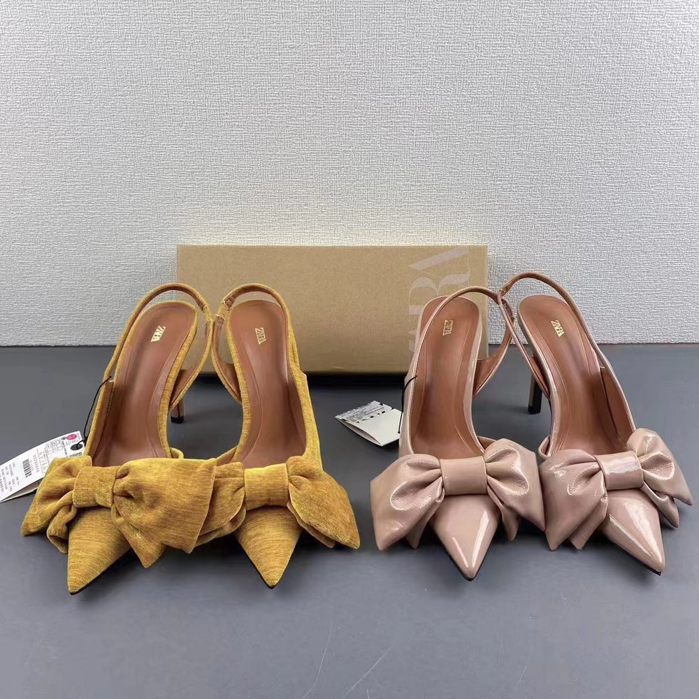 Spain 2024 summer new arrival: patent leather peep-toe mules with back strap, bow detail, and pointed toe high heels