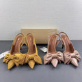 Spain 2024 summer new arrival: patent leather peep-toe mules with back strap, bow detail, and pointed toe high heels