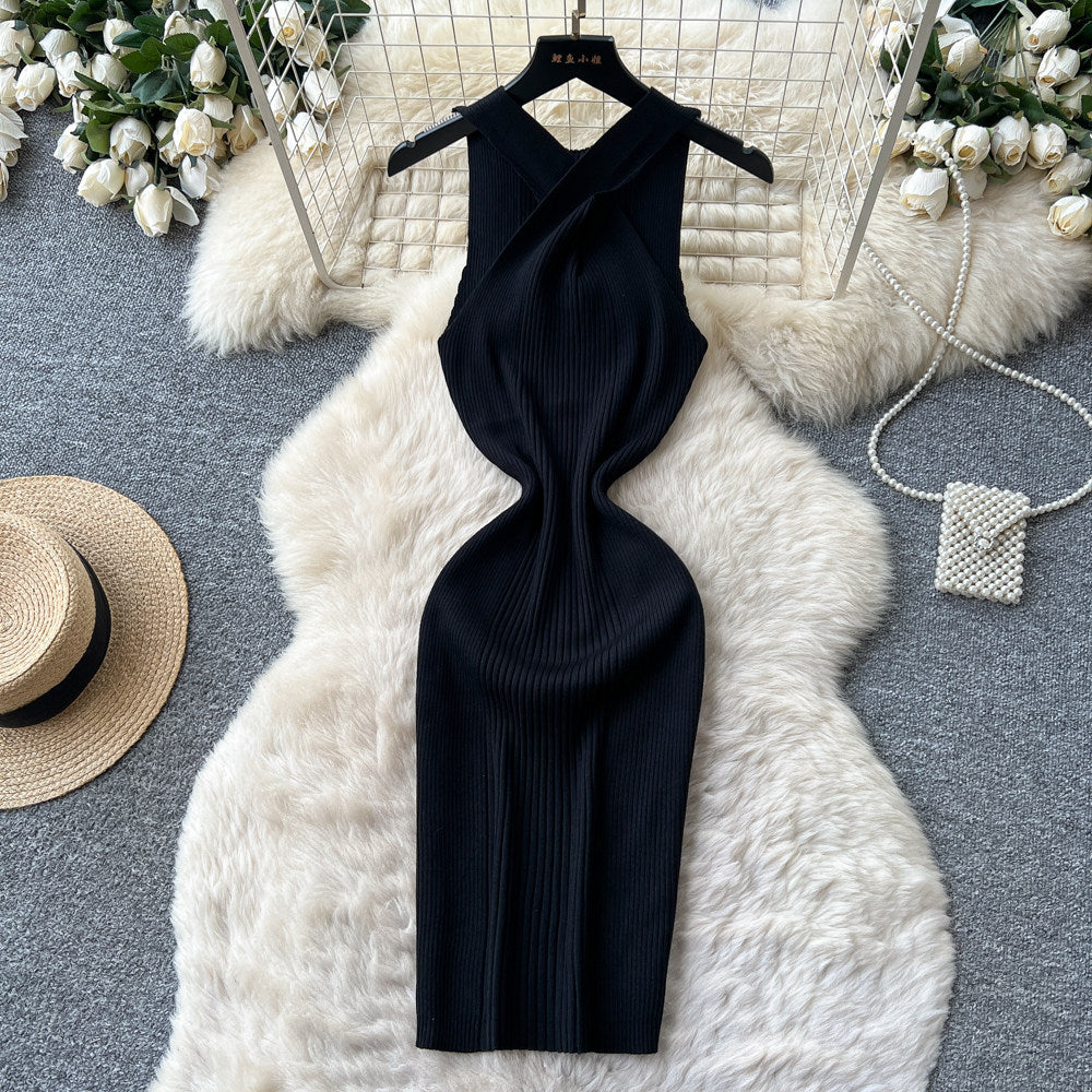 K-style sleeveless knitting silmdress women's summerretro silmslimming look a-line skirt work clothingeasiest for match vest skirt