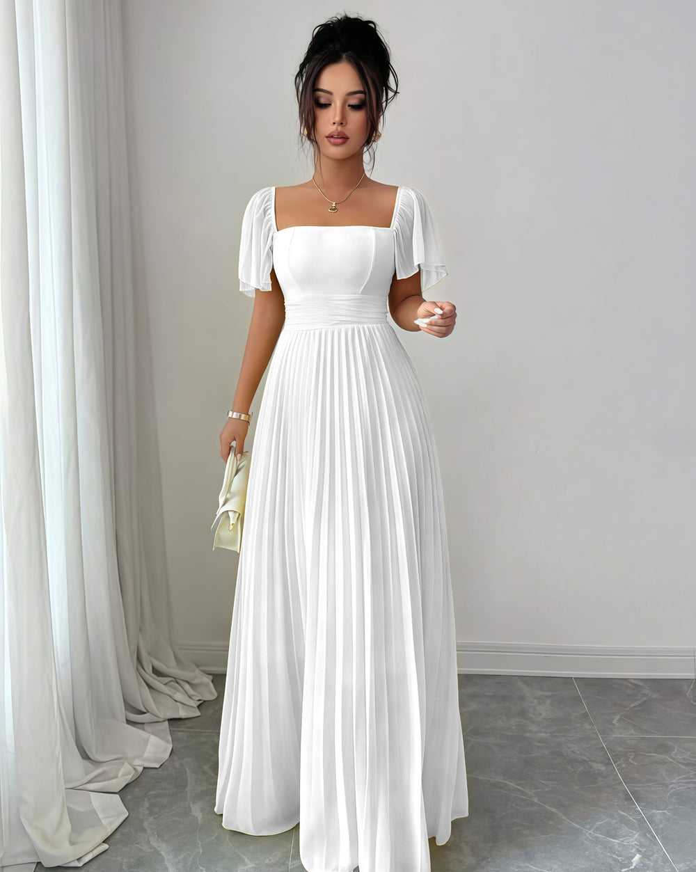 European and american cross-border women's fashion  summer solid color french bandeau backless cinched waist pleated elegant long dress