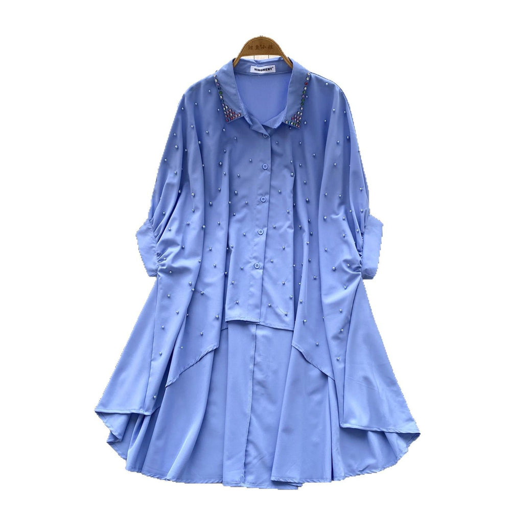 European and american design irregular shirt for women, rhinestone and beaded single-breasted batwing sleeve loose fit mid-length top