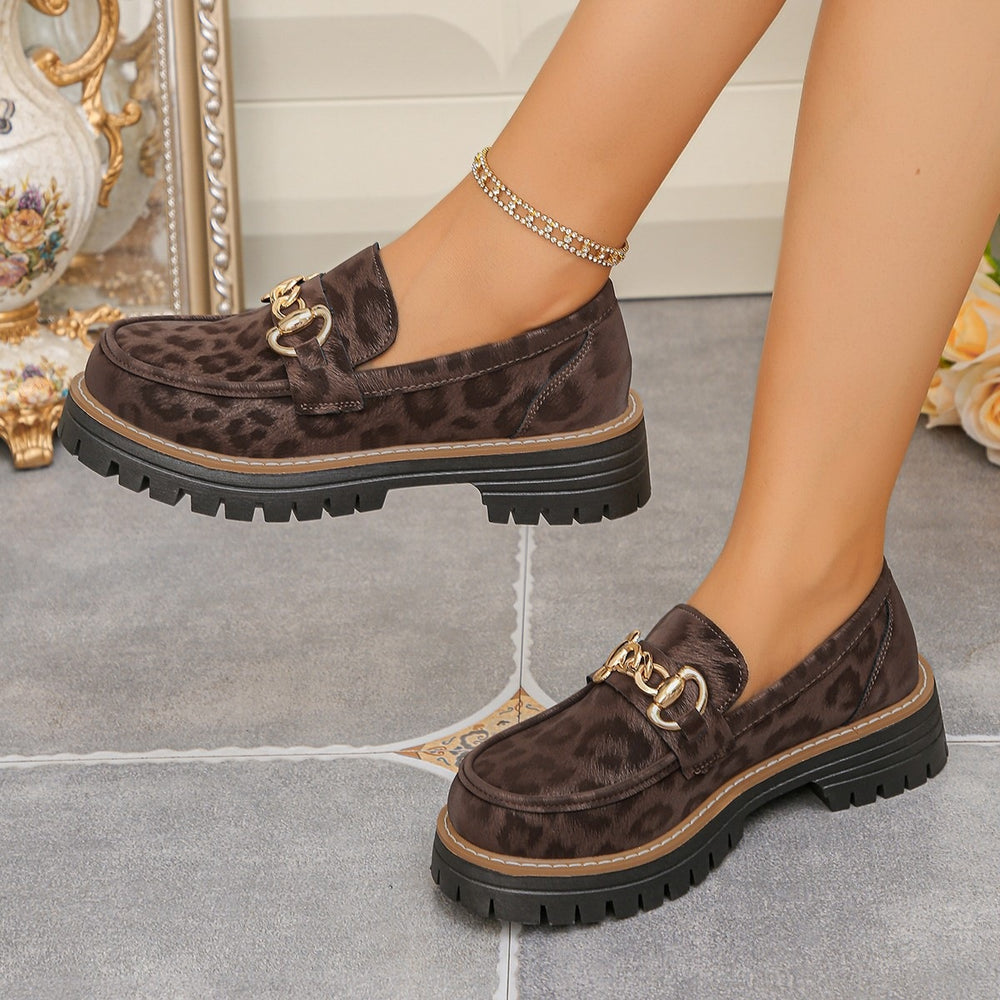 Wholesale women's plus size leopard print loafers: new  spring/autumn retro metal buckle chunky sole