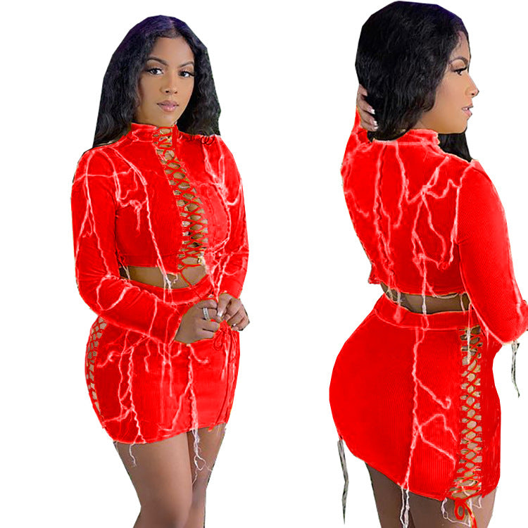 spring new european and american export women's clothing   fashionable sexy solid color drawstring mini skirt set