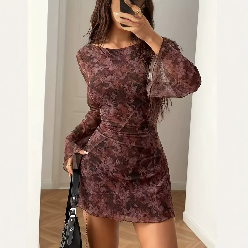 Vintage american tie-dye print flared sleeve a-line mesh mini bodycon dress - fashionable