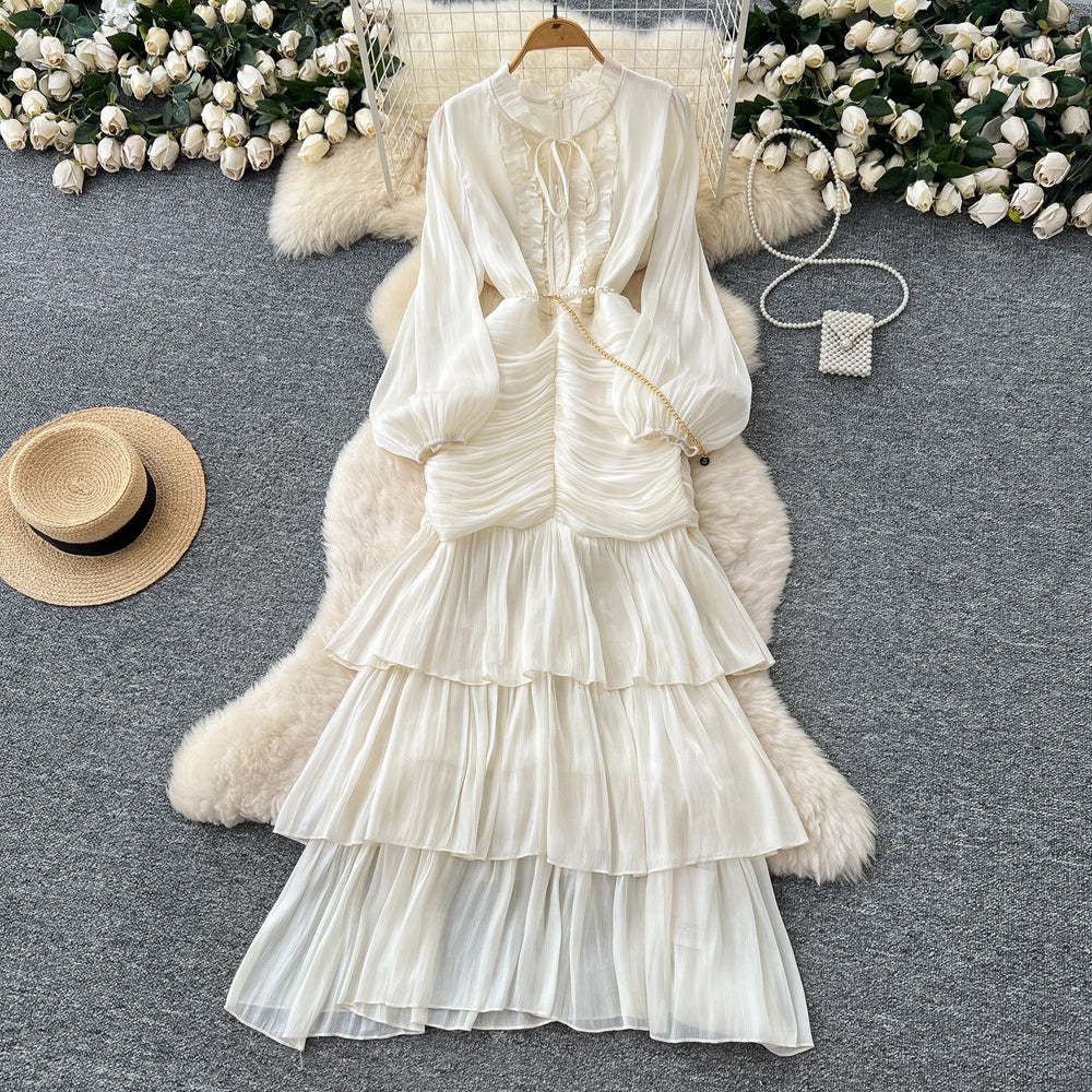 French dress women's  new arrival high-end lace patchwork cinched waist lantern sleeve ruffle hem long evening gown