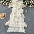 French dress women's  new arrival high-end lace patchwork cinched waist lantern sleeve ruffle hem long evening gown