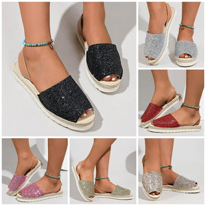 Export sequinflats fish mouth sandals women's fashionplus size shiny open toe soft bottom sandals cross-border export shoes wholesale