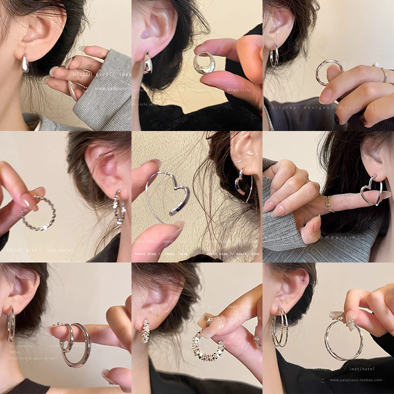 925 silver needle hong kong style retro metal earrings for women classy geometric plain hoop earrings easiest for match exaggerated work clothing earrings