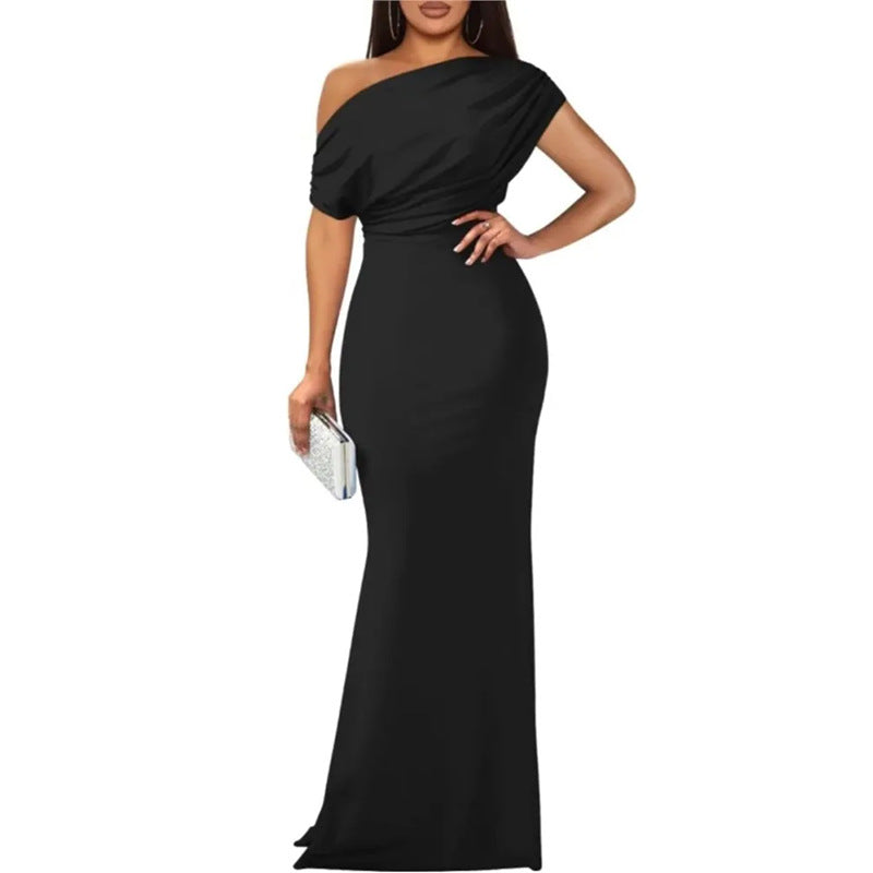 cross-border e-commerce dress: new summer women's fashionable one-shoulder solid color pleated waist dress