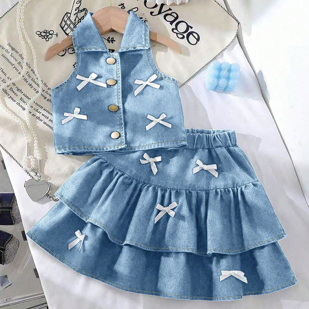 cross-border girls' fashion: european & american style halter collar denim vest + denim mini skirt bow set