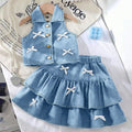 cross-border girls' fashion: european & american style halter collar denim vest + denim mini skirt bow set