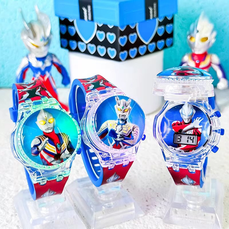 Kids' cartoon flip watch - ultraman hero spinning top, light-up musical electronic watch gift for boys and girls