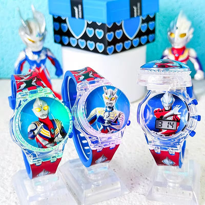 Kids' cartoon flip watch - ultraman hero spinning top, light-up musical electronic watch gift for boys and girls
