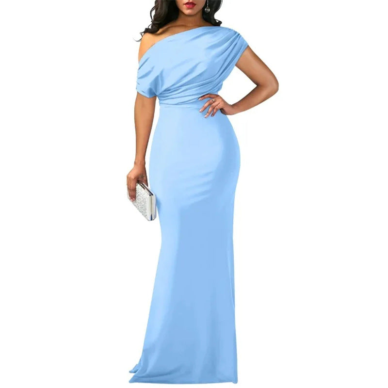 cross-border e-commerce dress: new summer women's fashionable one-shoulder solid color pleated waist dress
