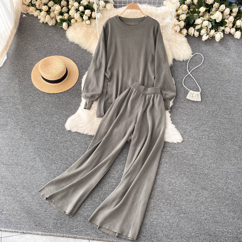 Hong kong style relaxed fit casual set - women's autumn design, slimming irregular top & wide leg pants two-piece outfit