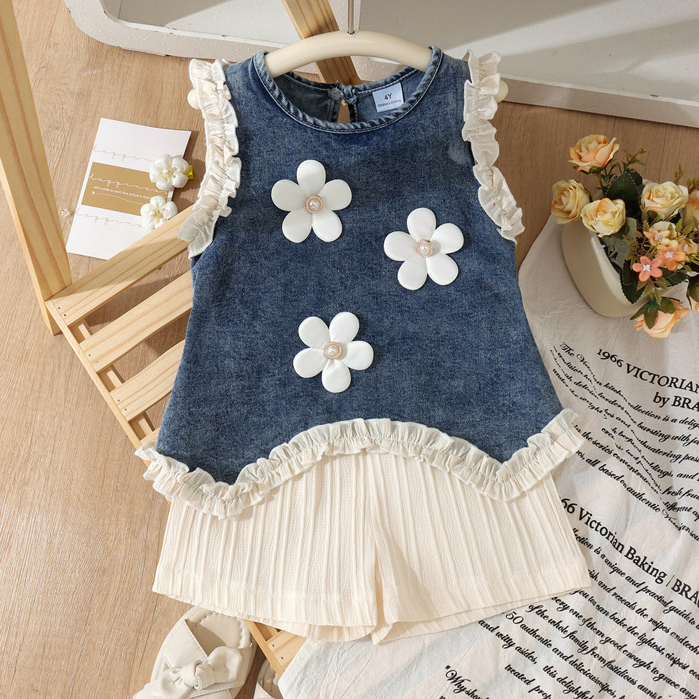 Children's clothing shein cross-border girl suit blue sleeveless top + white pants